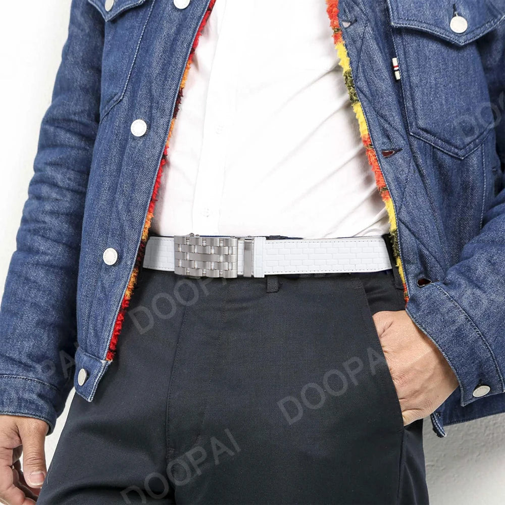 2023 Men Belt Metal Luxury Brand Automatic Buckle Plaid Genuine Leather Belts for Men Waist Strap Black Male