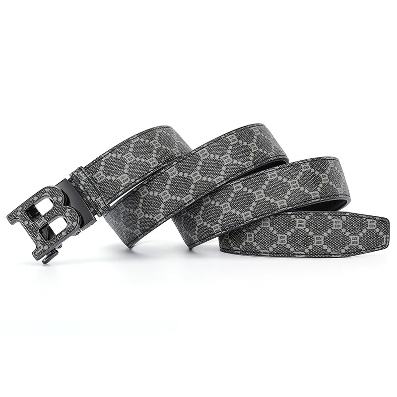 Classic B Print Leather Belt for Men - Adjustable Ratchet Buckle Dress Belt for Suits & Trousers