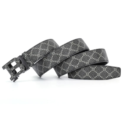 Classic B Print Leather Belt for Men - Adjustable Ratchet Buckle Dress Belt for Suits & Trousers