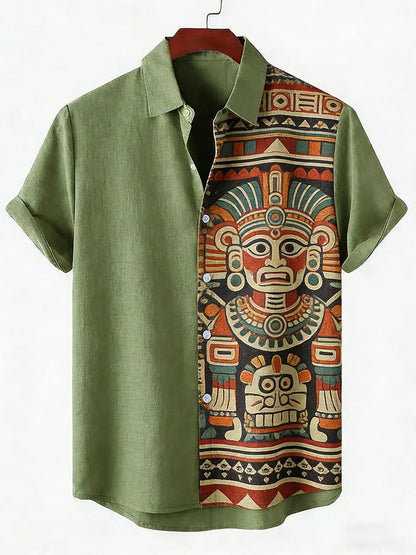 2026 Daily Men's Casual Short Sleeved Shirt with Natural Ethnic Pattern Printed Shirt Hawaii Beach Vacation Clothing