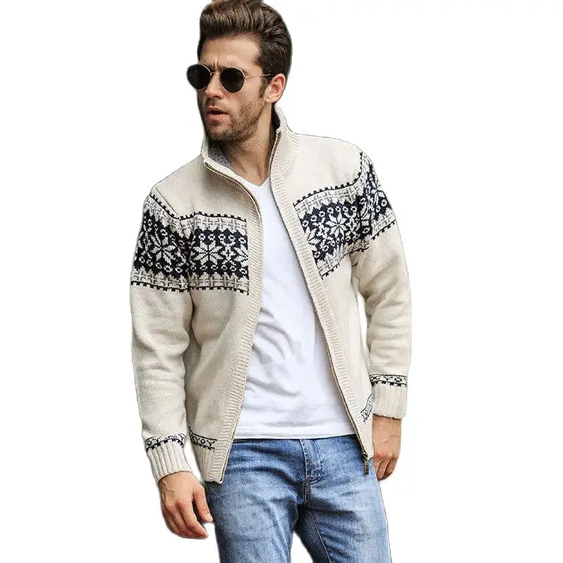 Men's Fair Isle Knitted Cardigan Full-Zip Nordic Pattern Thick Knitwear Multi-Color High-Neck Sweater Jacket for Winter