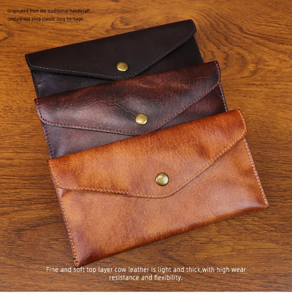 Genuine Leather Men Handmade Wallet High Quality Retro Handbag Simple Phone Pocket Card Bag Big Capacity Male Purses