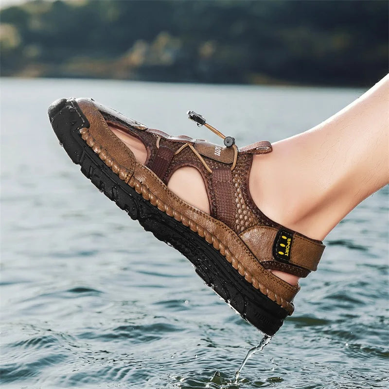Men's Handmade Simple Letter-Print Sandals, Summer Beach Hollow Sandals, Fashionable Velcro Men's Shoes, Outdoor Hiking and River-Tracing Shoes, Comfortable, Breathable, Wear-Resistant, Non-Slip, Large Size Men's Shoes