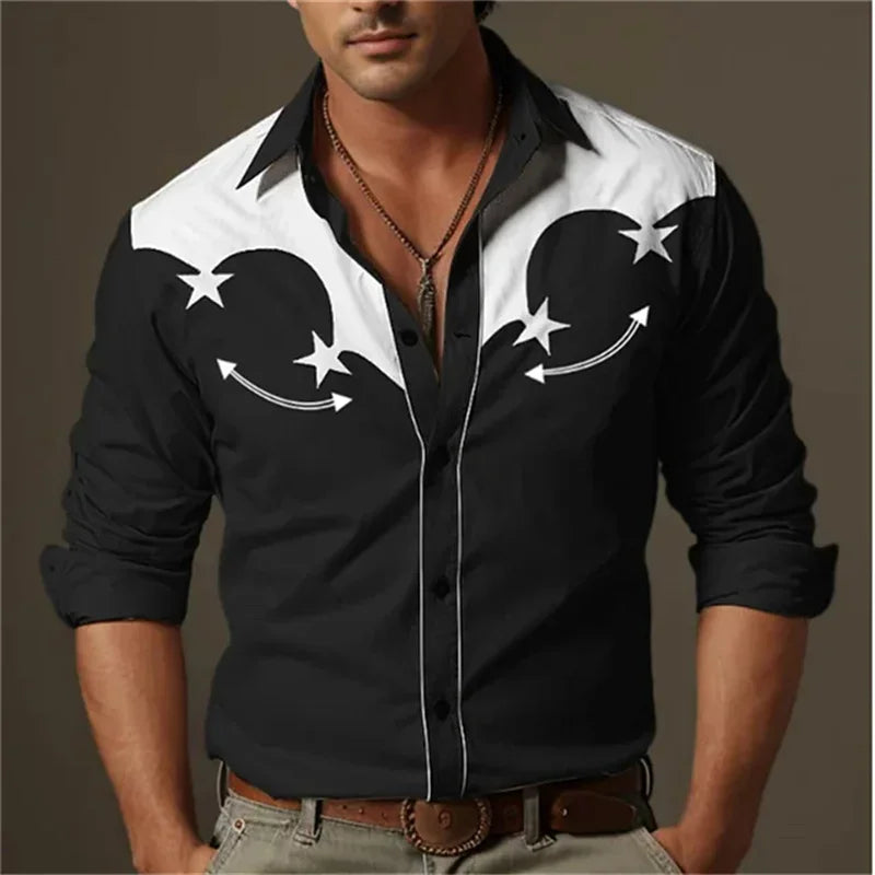 Men's Western Shirt Vintage Pattern Lapel Long Sleeve Button Print Top Fashion Streetwear Designer Western Style