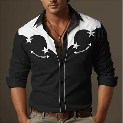 Men's Western Shirt Vintage Pattern Lapel Long Sleeve Button Print Top Fashion Streetwear Designer Western Style