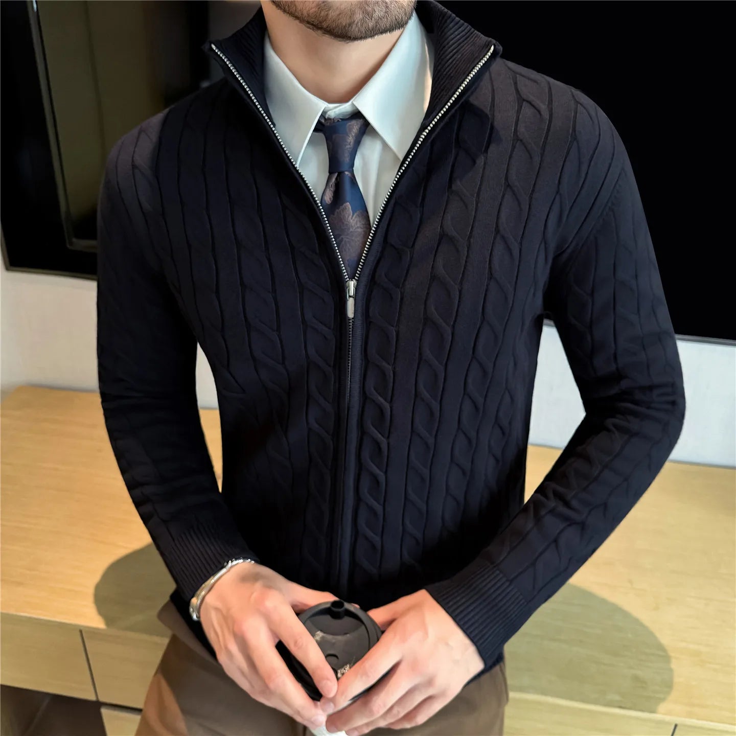 Men's Sweater Autumn Winter New Slim Fit Stand Collar Zipper Knitted Cardigan Fashion Solid Color Warm Stretch Knit Tops Coats