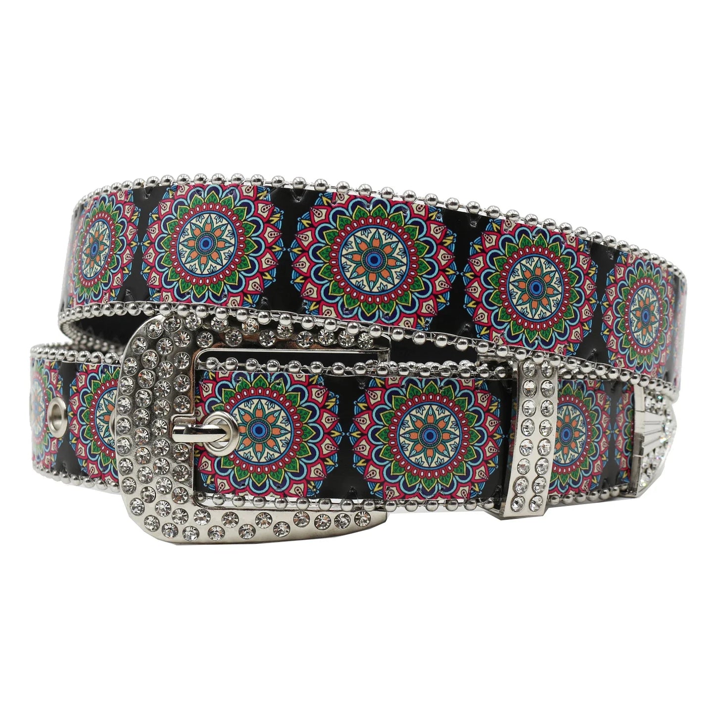 Rhinestone belt blue totem print New Women's Fashion Rhinestone Versatile Fashion PU Leather Belt Jeans Punk Rock Y2K Belt