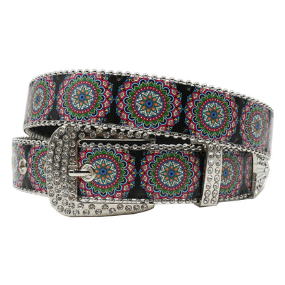 Rhinestone belt blue totem print New Women's Fashion Rhinestone Versatile Fashion PU Leather Belt Jeans Punk Rock Y2K Belt