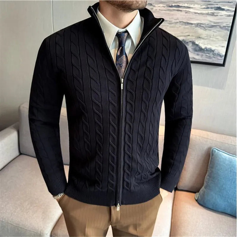Men's Sweater Autumn Winter New Slim Fit Stand Collar Zipper Knitted Cardigan Fashion Solid Color Warm Stretch Knit Tops Coats
