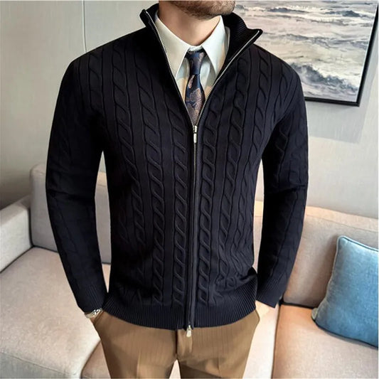 Men's Sweater Autumn Winter New Slim Fit Stand Collar Zipper Knitted Cardigan Fashion Solid Color Warm Stretch Knit Tops Coats