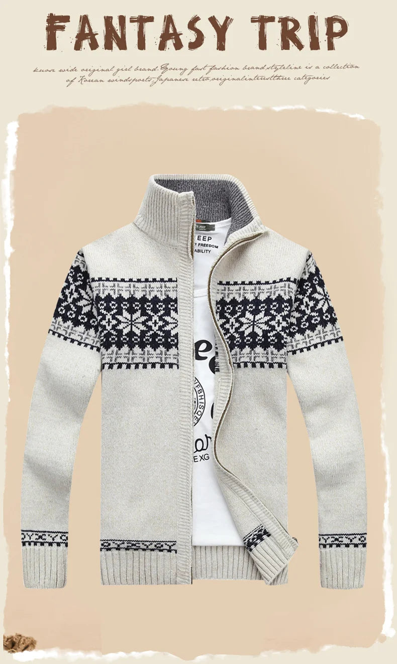 Men's Fair Isle Knitted Cardigan Full-Zip Nordic Pattern Thick Knitwear Multi-Color High-Neck Sweater Jacket for Winter