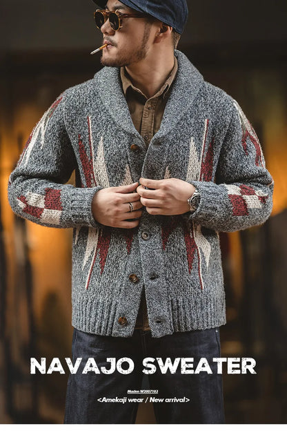 Maden Knitted Vintage Cardigan Men Sweater Indiana Thick Knit Oversized Streetwear Geometric Trend V-neck Christmas Knit Coats