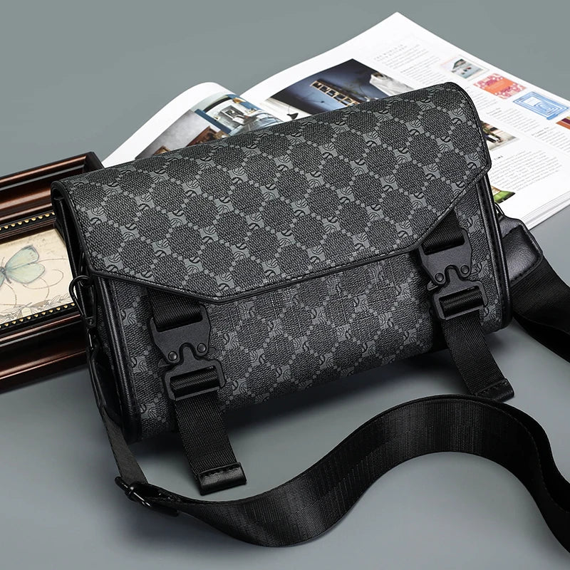 Men's Classic Printed Crossbody Bag – Gray Geometric Pattern Sling Bag with Buckle Closure Ideal for Daily Commute & Casual Wear