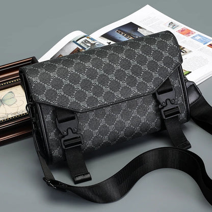 Men's Classic Printed Crossbody Bag – Gray Geometric Pattern Sling Bag with Buckle Closure Ideal for Daily Commute & Casual Wear