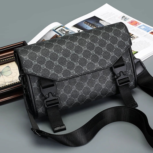 Men's Classic Printed Crossbody Bag – Gray Geometric Pattern Sling Bag with Buckle Closure Ideal for Daily Commute & Casual Wear