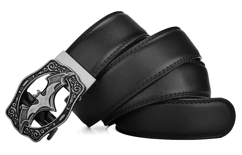 Men's Vintage Bat Pattern Genuine Leather Belt, Silver Gold Automatic Buckle, Plus Size 130 140 150 160 170cm Casual Waistband