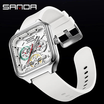 SANDA New Casual Men's Square Watches Fashion Hollow Skeleton Luminous 5ATM Waterproof Multifunction Chronograph Quartz Watch