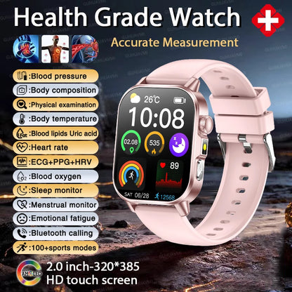 2026 Top Nursing Grade ECG+PPG Smart Watch Men Accurate Blood Pressure Lipids Uric Acid 2.0-inch AMOLED Screen HD Call Watch Men