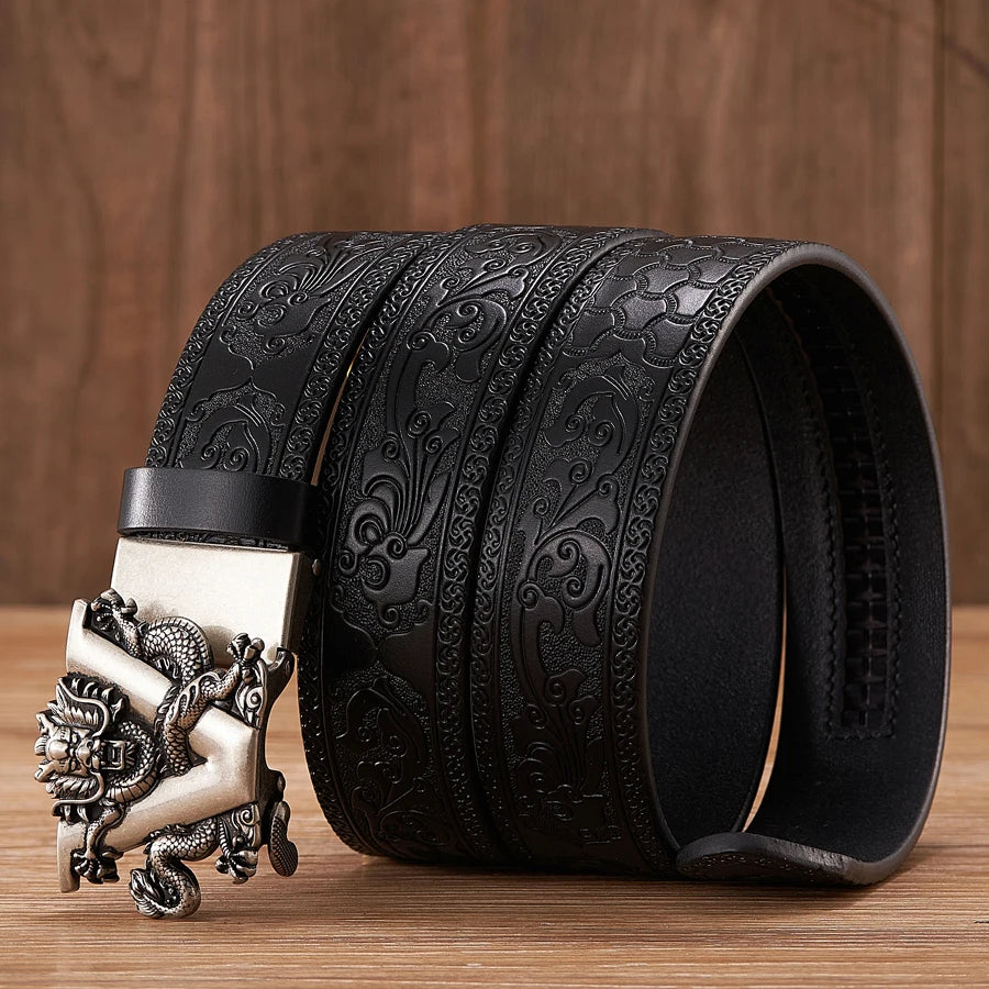 3.5cm Fashion Embossing Retro Male Belts for Men Business Split Leather Belt Dragon Pattern Automatic Buckle Strap