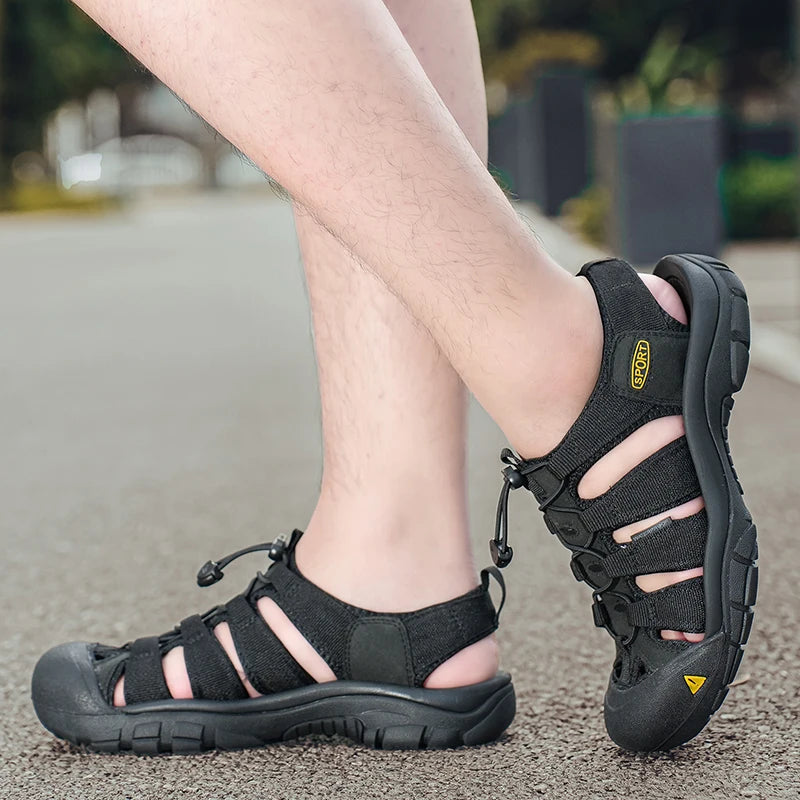 Outdoor Summer Men Sandals Leather Mens Casual Shoes Non-Slip Male Beach Shoes Anti-collision Toe Roman Flats Flip-flops 38-48