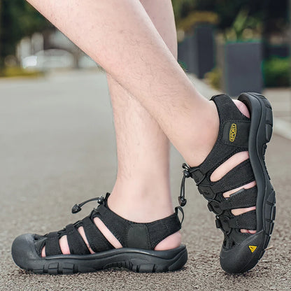 Outdoor Summer Men Sandals Leather Mens Casual Shoes Non-Slip Male Beach Shoes Anti-collision Toe Roman Flats Flip-flops 38-48