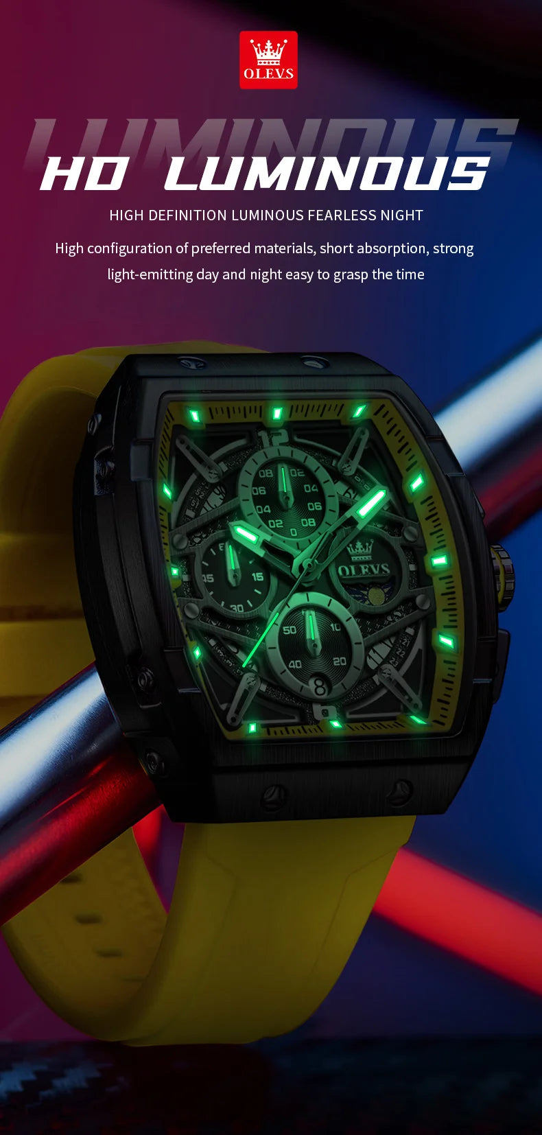 OLEVS 2975 Men's Watches Hollowed Quartz Wristwatch Silicone Strap Tonneau Large Dial Design Waterproof Luminous Watch for Men