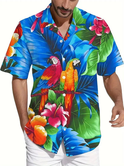Men's vibrant parrot floral print Hawaiian shirt, men's summer vacation casual short-sleeved button-up beach shirt