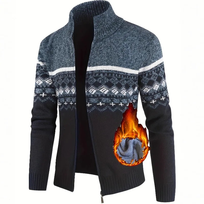 Men's Zip Up Fair Isle Cardigan Sweater Warm Knit Jacquard Stand Collar Casual Winter Pullover with Thermal Lining