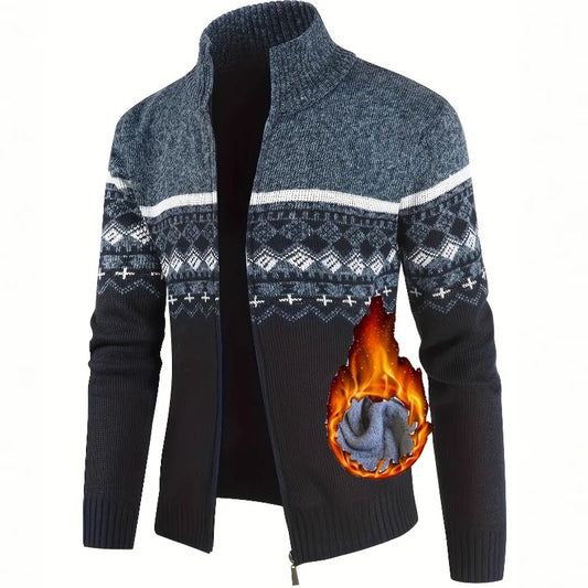 Men's Zip Up Fair Isle Cardigan Sweater Warm Knit Jacquard Stand Collar Casual Winter Pullover with Thermal Lining