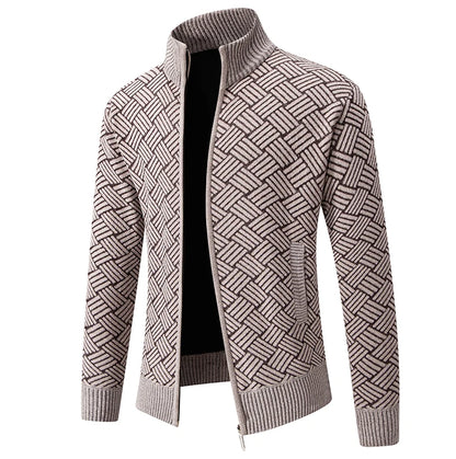 Mens Sweaters Jacket Full Zip Fleeced Sweater Cardigan Plaid Stand Collar Sweaters Coat Autumn Winter Homme Clothes