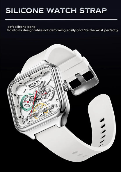 SANDA New Casual Men's Square Watches Fashion Hollow Skeleton Luminous 5ATM Waterproof Multifunction Chronograph Quartz Watch