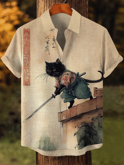 Men's Edo Cat Samurai Warrior Japanese Art Anime Shirts 3D Print Casual Hawaiian Shirts Summer Men Women Short Sleeve Blouse Top