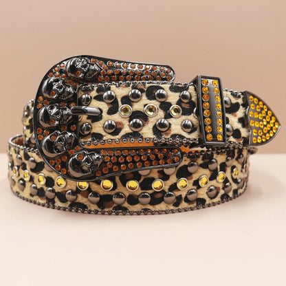 Punk Skull Leopard Rhinestones Belt Diamond Bling Men Western Cowgirl Cowboy Luxury Strap Studded Belts