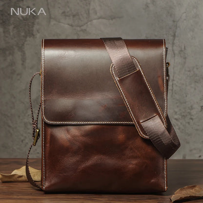 NUKA Men's Genuine Leather Shoulder Bag Retro Flap Crossbody Bags Casual Trend Satchel High Quality Luxury Cowhide Messenger Bag