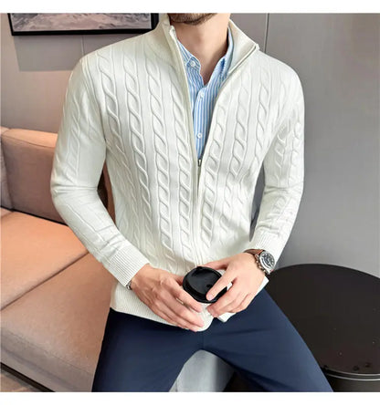 Men's Sweater Autumn Winter New Slim Fit Stand Collar Zipper Knitted Cardigan Fashion Solid Color Warm Stretch Knit Tops Coats