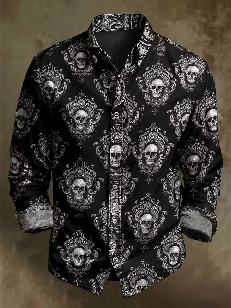 New ukiyo-e monkey denim 3D heart print pattern men's long sleeved shirt retro casual shirt clothing