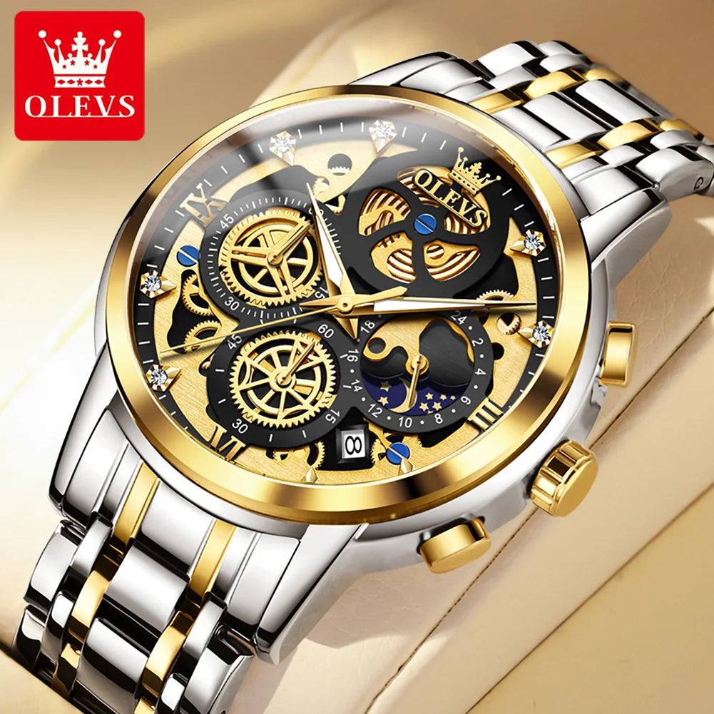 OLEVS 9947 Men's Watches Top Brand Luxury Original Waterproof Quartz Watch for Man Gold Skeleton Style 24 Hour Day Night New