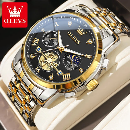 OLEVS Men's Watches Classic Multifunctional Flywheel Chronograph Original Quartz Wristwatch Moon Phase 24 Hour Waterproof Reloj