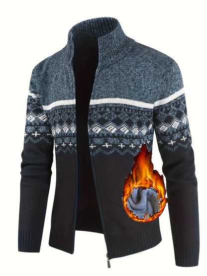 Men's Zip Up Fair Isle Cardigan Sweater Warm Knit Jacquard Stand Collar Casual Winter Pullover with Thermal Lining