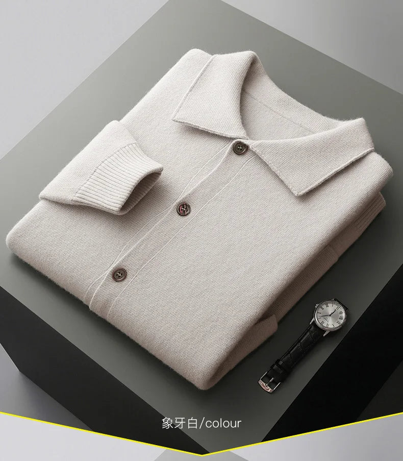 Autumn And Winter 100% Cashmere Cardigan Men's POLO Collar Coat Knitted Baseball Uniform Jacket Bottoming Wool Sweater