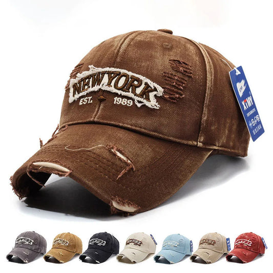 Letter New York Broken Hole Baseball Cap Washed Cotton Adjustable Embroidery Baseball Cap Sunscreen Hats For Man Women Fashion
