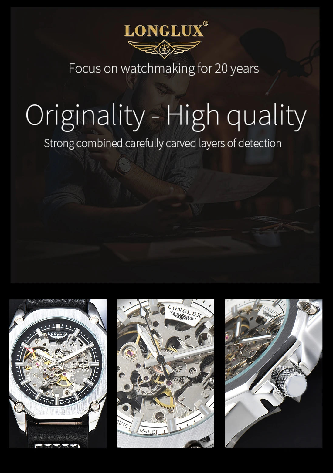 LONGLUX Automatic Watch Sport Style Wholesale Mechanical Wristwatches Fashion Hollow Leather Mens Watch Men Gift