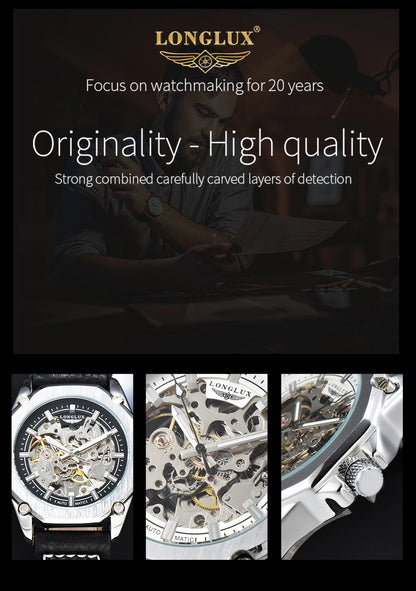 LONGLUX Automatic Watch Sport Style Wholesale Mechanical Wristwatches Fashion Hollow Leather Mens Watch Men Gift