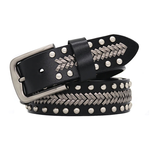 Men Belt Punk Rivet Jeans Belts For WOMEN  NEW Metal Rivet Cowboy Belt Genuine Leather Cowskin