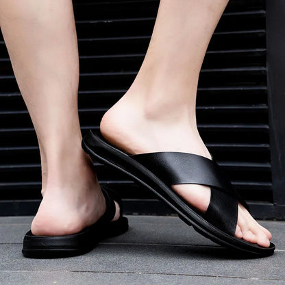 New Arrivals Italian Leather Slippers for Men Summer Hotel Beach High Quality Slip on Light Flats Male Flip Flops Big Size 38-47