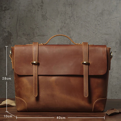 NUKA Men's Leather Handbag Vintage Business Briefcase Crazy Horse Cowhide Messenger Bag Deluxe Shoulder Bag For 15.6 Inch Laptop