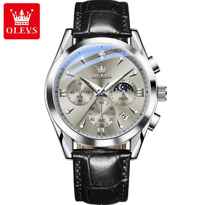 OLEVS 3609 Original Moon Phase Chronograph Watch for Men Leather Waterproof Luminous Luxury Quartz Mens Wristwatches Reloj Mujer