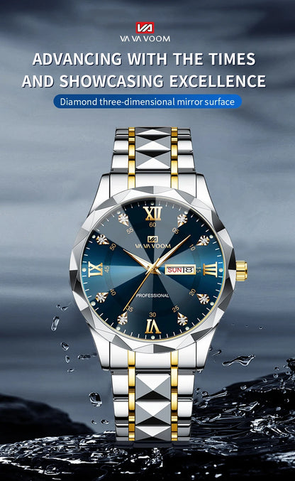 VA VA VOOM Hot Selling Original Blue Gold Creative Design Classic Hot selling Quartz Watch Men Fashion High Quality Rhombus Design Fashion Business Japanese Movement Gold Stainless Steel Fashion Clock Sports Watch for Men Gif