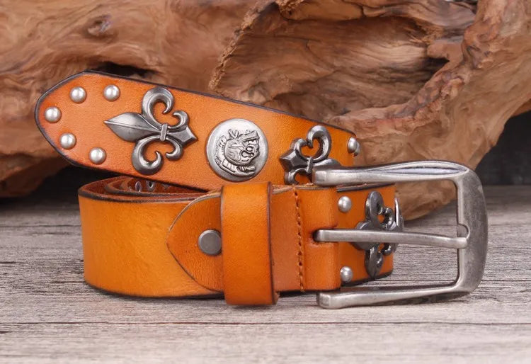 High Quality Metal Rivet Cowboy Belt Top Grain Genuine Leather Cowskin Men Belt Punk Rivet Jeans Belts For Men