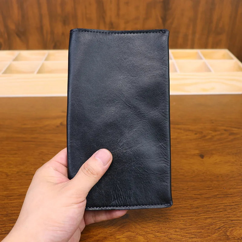 Large Capacity Men Wallet Vintage Genuine Cow Leather Handbag Card Holder Phone Pocket High Quality Handmade Male Money Clips